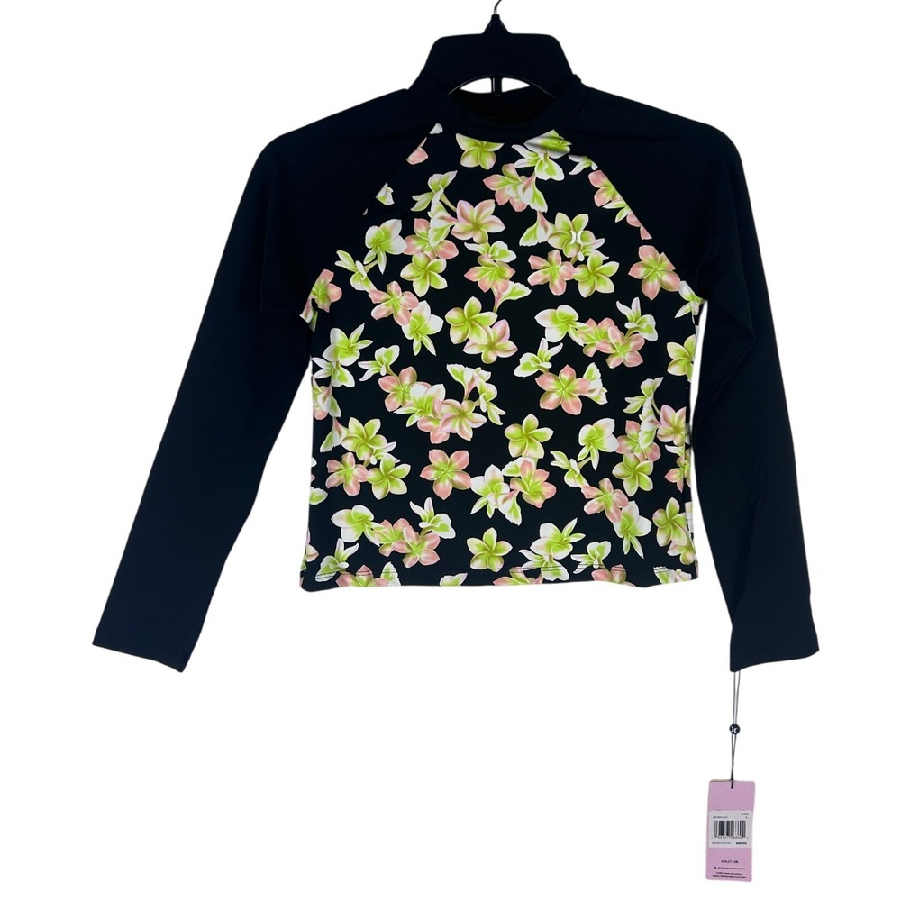 Hurley Carissa Moore Swim Top Girls‎ Large Aloha Floral Rash Guard Black LS NEW